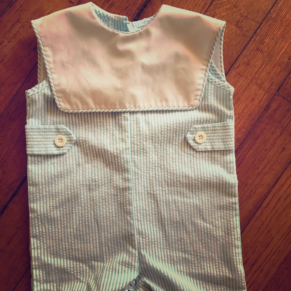 Aqua seersucker shortall with bib collar